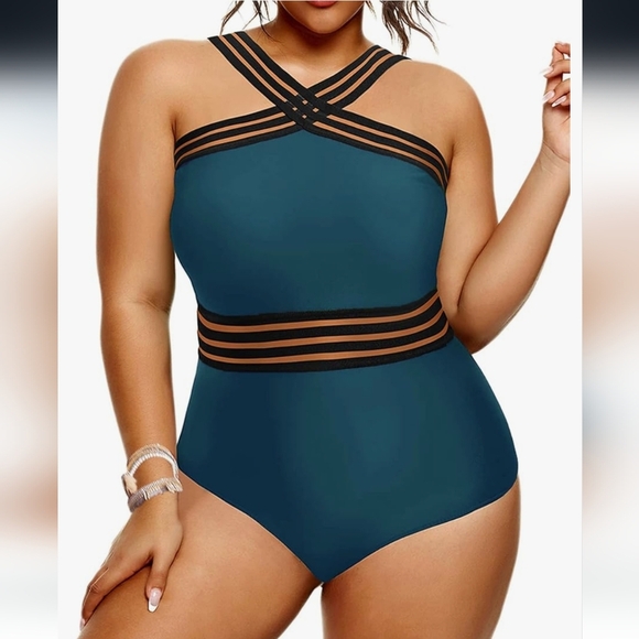 SWIMWEAR FOR WOMEN 1 PIECE TEAL TUMMY CONTROL HIGH WAISTED - Picture 2 of 7